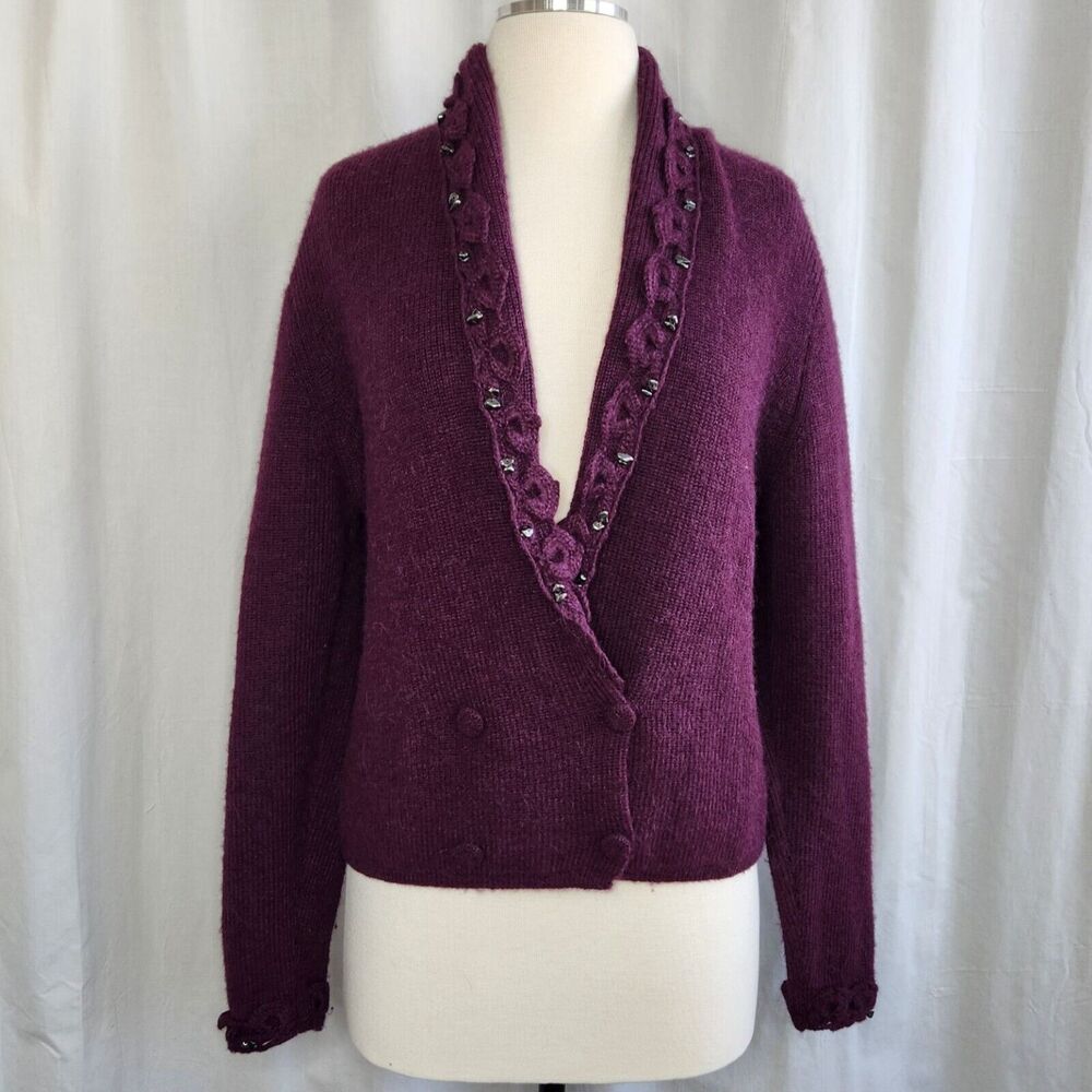 Peruvian Connection M‎ 100% Alpaca Cardigan Sweater Purple Embellished Women's